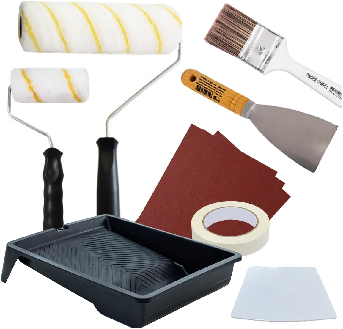 Kit Pintura Parede Completo Rolo Sem Respingo 7 Peças + Lixa + Fita Crepe
