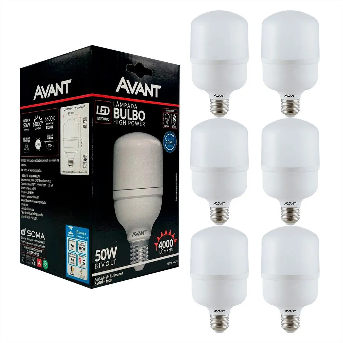 Kit c/ 6 Lampadas Led 50w Bulbo Branco Frio 6500K Bivolt Avant Galpão, áreas grandes
